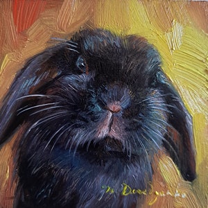 Custom pet portrait painting 4x4 in frame, Small bunny oil painting original framed artwork, Black rabbit pet portrait oil art mini gift 4x4 un frame