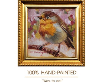 Original Robin Bird Oil Painting, Miniature 4x4 Inch Framed Art
