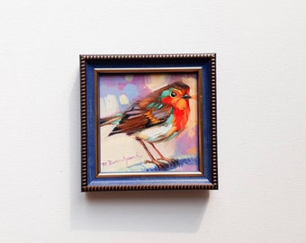 Pintura al óleo de pájaro gorrión original, pintura al óleo de gorrión enmarcada, imagen pequeña de pájaros en marco, regalo de arte de pájaro naranja quemado para mamá