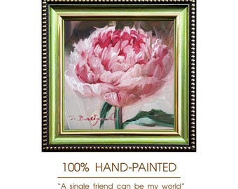 Framed Peony Oil Painting, Small Pink Floral Wall Art, Impressionist Artwork