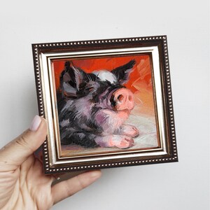 Pig artwork oil painting original art 4x4, Animal small painting frame, Nursery wall art piggy Boyfriend gift