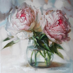Peonies oil painting canvas original art Floral painting print White peony in glass vase wall art For her Birthday gift for women