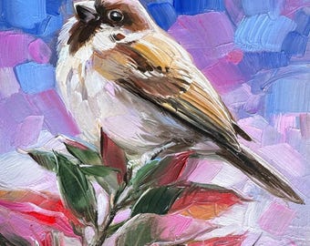 スズメ オリジナル油絵、鳥のアート、5x8 - Etsy 日本