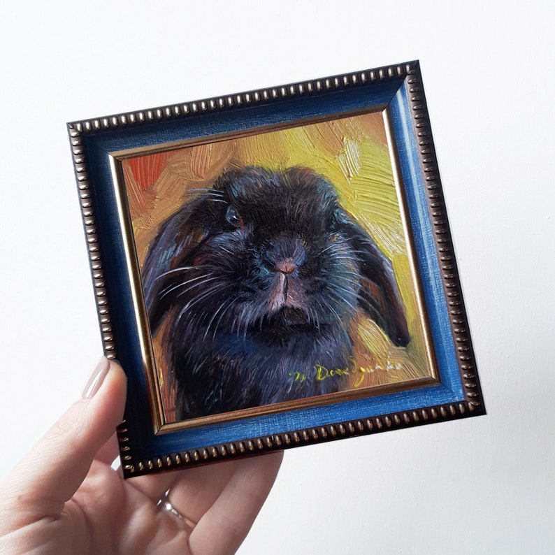 Custom pet portrait painting 4x4 in frame, Small bunny oil painting original framed artwork, Black rabbit pet portrait oil art mini gift 4x4 blue frame