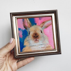 Cute rabbit painting original oil framed 4x4, Small animal art brown nose rabbit artwork, Bunny painting gift for woman 4x4 silvergold frame