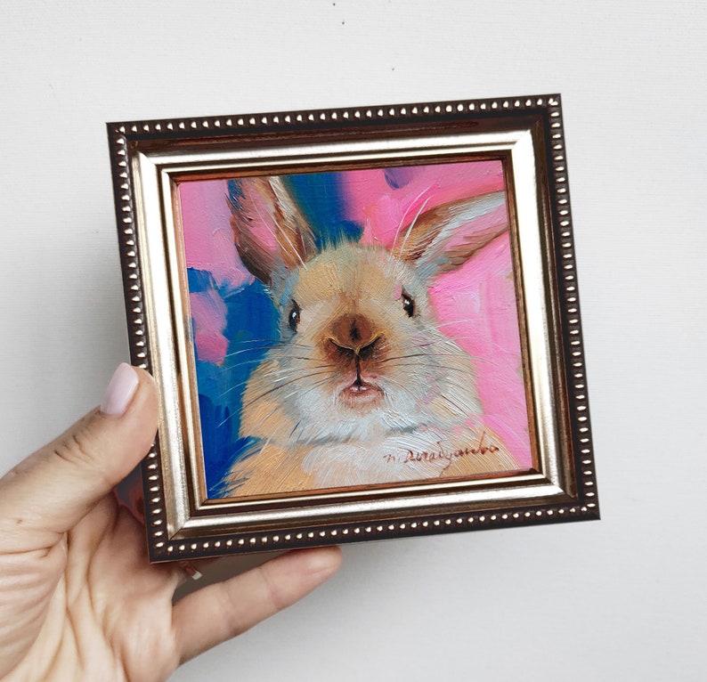 Cute rabbit painting original oil framed 4x4, Small animal art brown nose rabbit artwork, Bunny painting gift for woman 4x4 silvergold frame