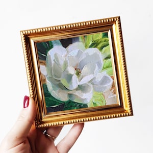 Geburtsblume Geschenk Magnolie Malerei Originale Kunst 100x100, kleine Ölgemälde weiße Blume lebendige Blüten Miniatur Magnolie Kunstwerk Bild