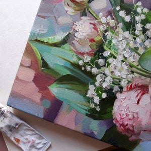 Peony bloemen olieverfschilderij origineel en Lily of the valley art Pink peony wall art Verjaardagscadeau voor vrouwen afbeelding 5