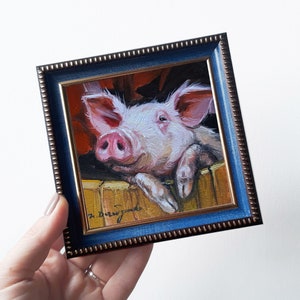 Pig oil painting original artwork 4x4, Animal small painting frame, Nursery wall art piggy lover gift