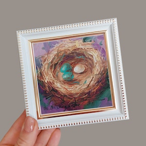 Nest oil painting original 4x4 in frame, Blue and white bird eggs miniature painting, Small wall art framed, Cute gift - You are special