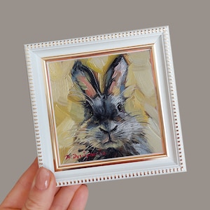Cute rabbit painting original framed 4x4, Small framed art black rabbit artwork yellow background, Bunny pet painting for nursery