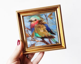 Little Bird painting oil original small art framed in blue green gold frame, Bird lovers gift artwork wall art mini 4x4