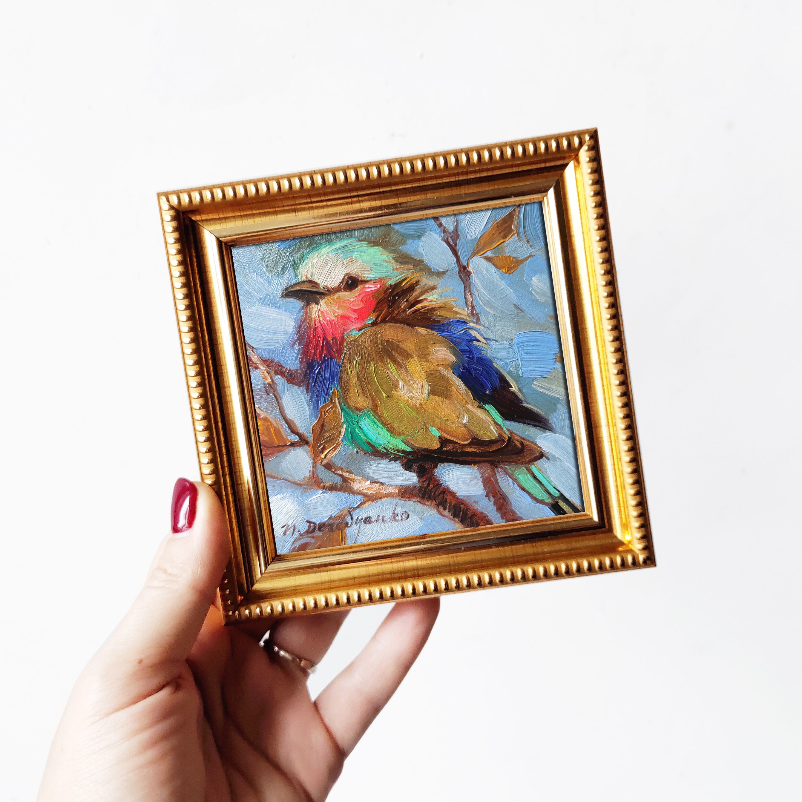 Little Bird Painting Oil Original Small Art Framed in Blue