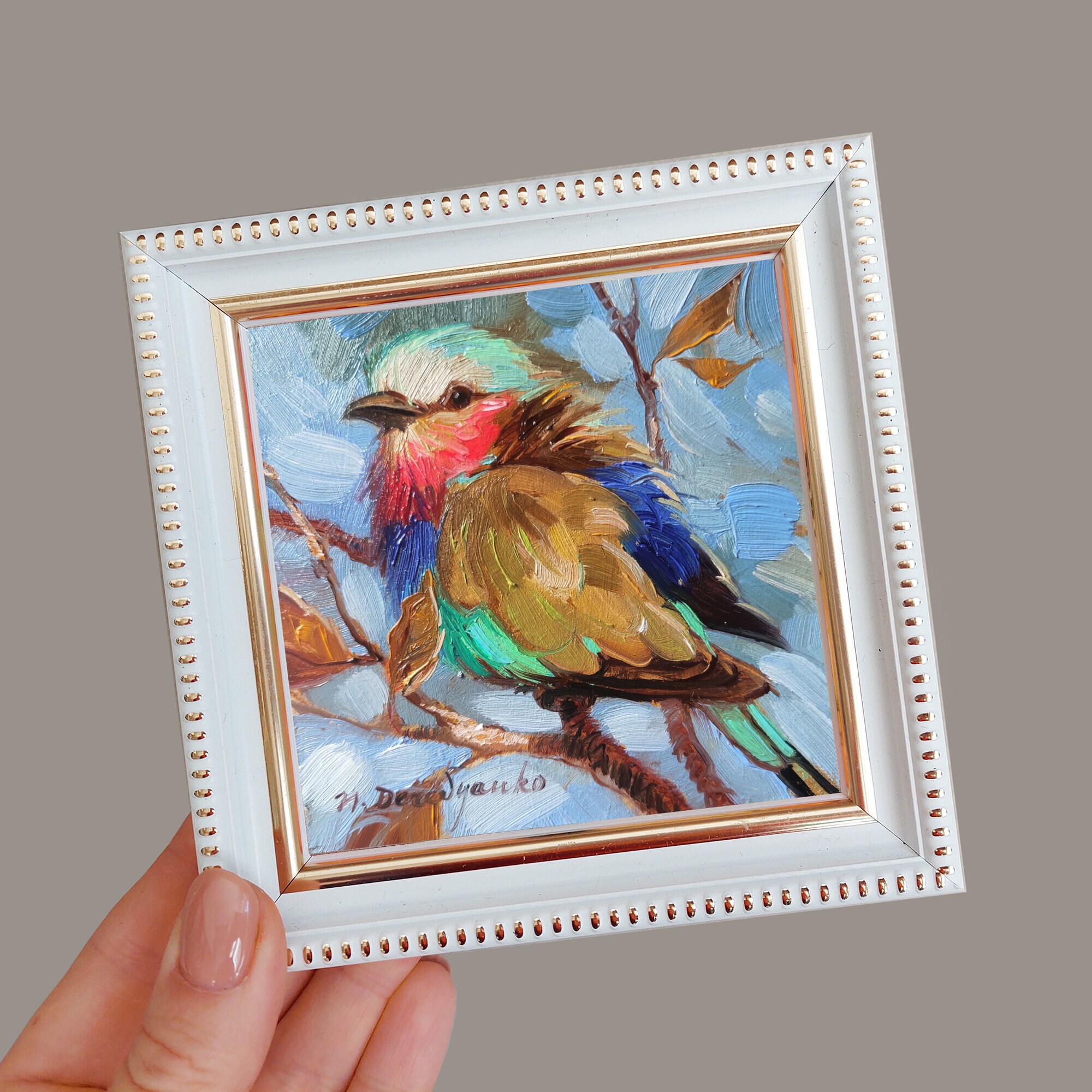 Little Bird Painting Oil Original Small Art Framed in Blue
