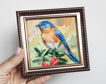 ［bluebird］絵画　油絵　※値段交渉あり Bluebird Oil Painting Original Framed 4x4, Blue Bird Art Miniature