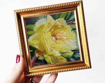 Peony flower oil painting original art, Floral painting yellow peony artwork impressionist, Birthday gift for women