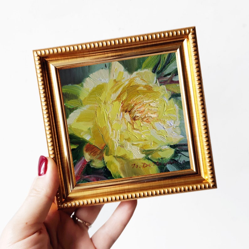 Peony flower oil painting original art, Floral painting yellow peony artwork impressionist, Birthday gift for women gold frame inches
