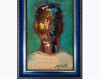 Faceless Black Man Original Oil Painting on Canvas 4x6 in, Abstract Person Portrait Art
