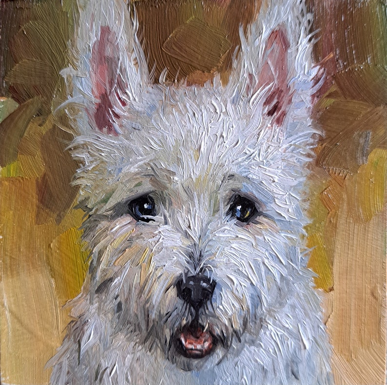 Small dog oil painting original artwork, Custom Pet portrait oil art mini gift White Terrier painting from photo 4x4 in frame 4x4 un frame