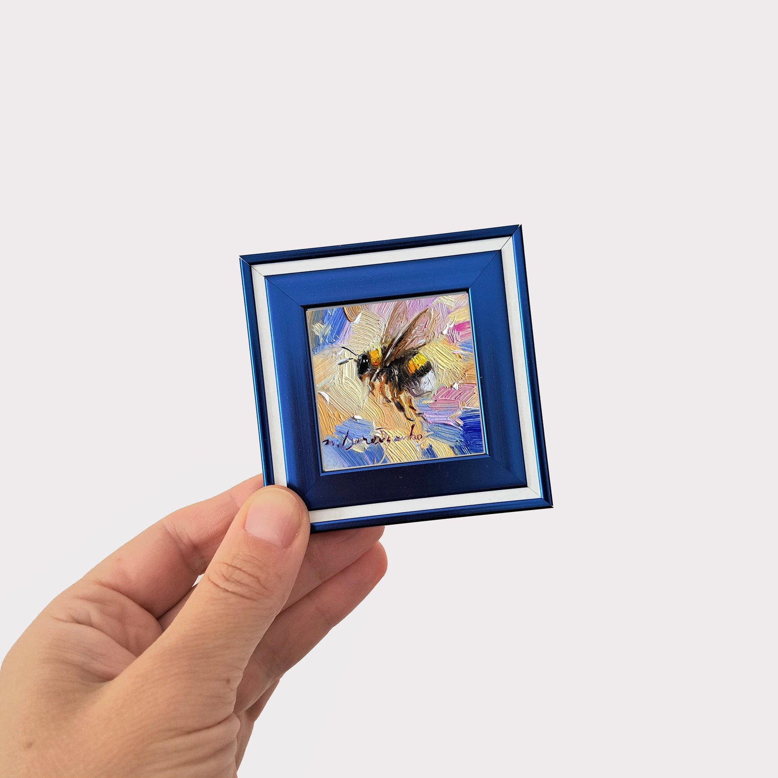 Bee Painting Oil Original 2x2, Mini Bee Artwork Turquoise Framed, Honey ...