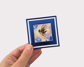 Bee painting oil original 2x2, Mini Bee artwork turquoise framed, Honey bee wall art - Try to bee a rainbow in someone’s cloud