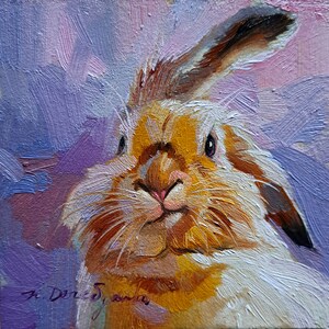 Cute rabbit oil painting original art green 4x4, Animal oil painting in frame, Nursery wall art rabbit lover gift Easter image 2