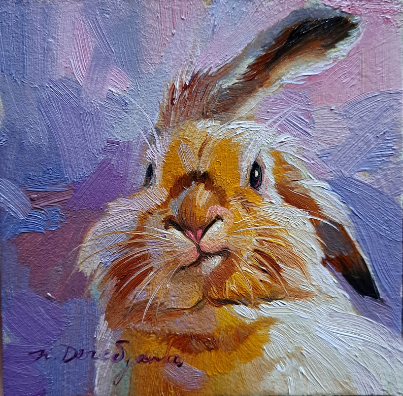 Cute rabbit oil painting original art green 4x4, Animal oil painting in frame, Nursery wall art rabbit lover gift Easter image 2