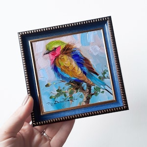 Bird painting original 4x4 Lilac-breasted Roller bird small frame art gold frame, Small oil painting bird artwork, Bird gifts for women