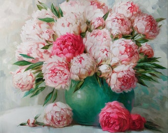 Pittura di peonia, Dipinti ad olio floreali extra large su tela originale, Fiori di peonia in vaso bianco, Arte murale su tela larga