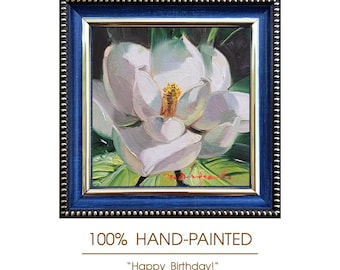 Original White Magnolia Oil Painting, Framed Floral Art (4x4 inch)