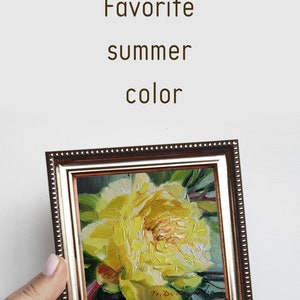 Peony flower oil painting original art, Floral painting yellow peony artwork impressionist, Birthday gift for women silvergold frame inches