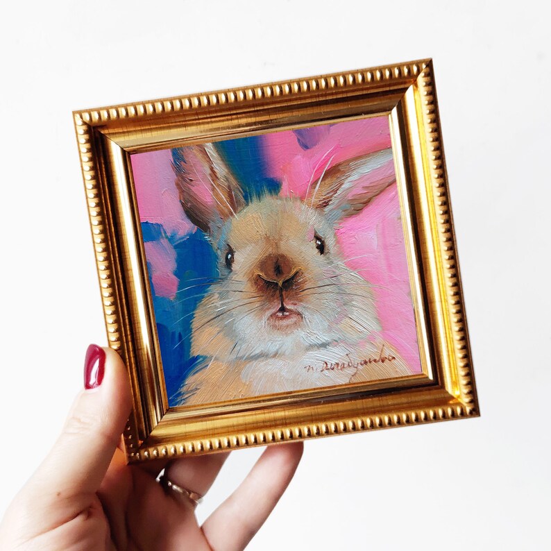 Cute rabbit painting original oil framed 4x4, Small animal art brown nose rabbit artwork, Bunny painting gift for woman 4x4 gold frame