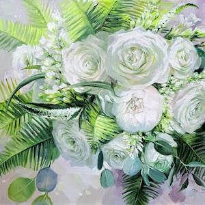 ORIGINAL Custom Bridal Bouquet Painting oil canvas panel art Wedding flowers portrait from photo White flowers Anniversary gift for wife