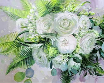 Custom Bridal Bouquet Painting, White Flowers Oil Portrait on Canvas