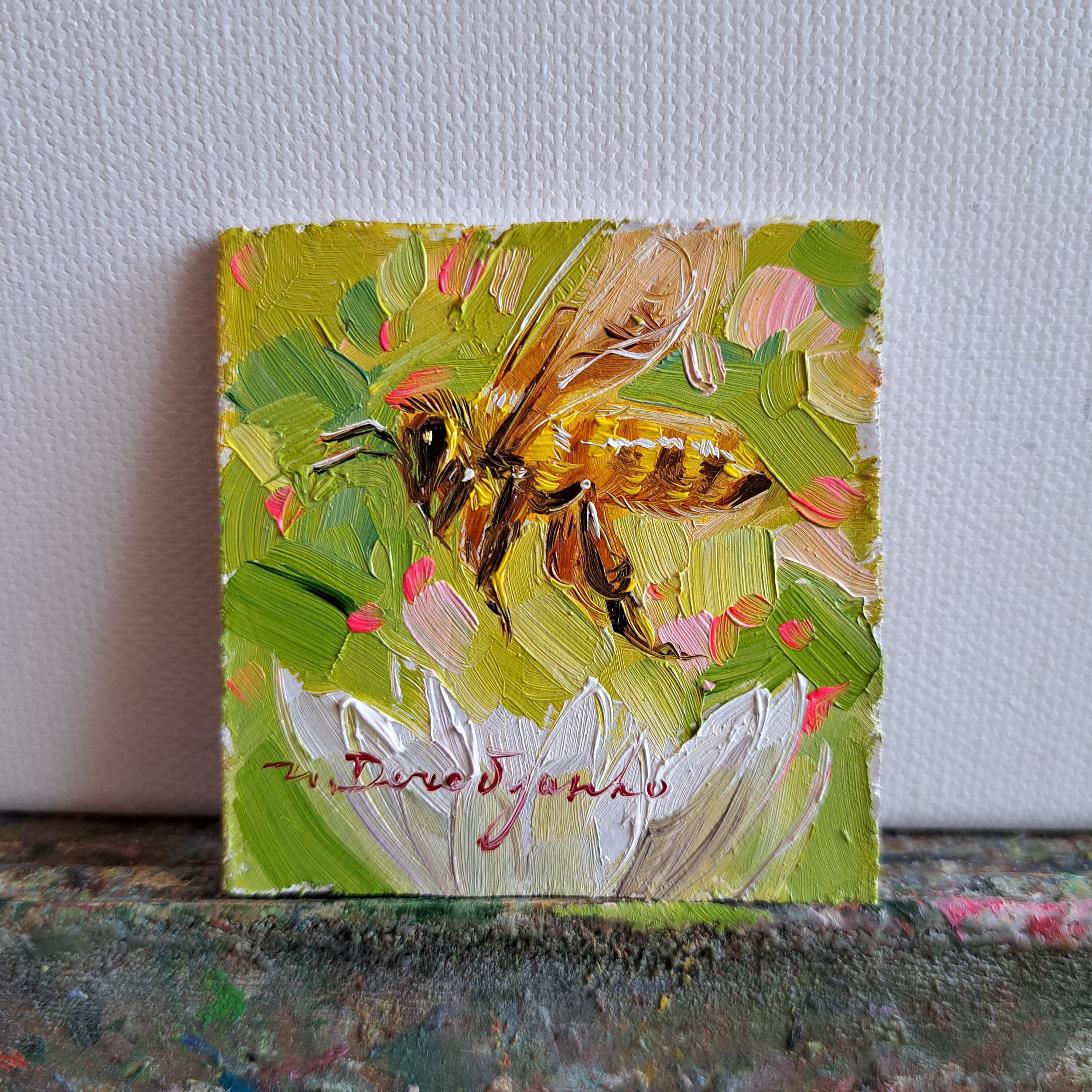 蜂のアートワーク 額入り油絵 オリジナル 2x2、ミニ蜂の絵画 油絵 黄色 