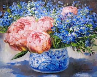 Peonia pittura ad olio originale, Arte murale floreale rosa, Dimenticami non fiori blu arte pittura, Pittura floreale per anniversario