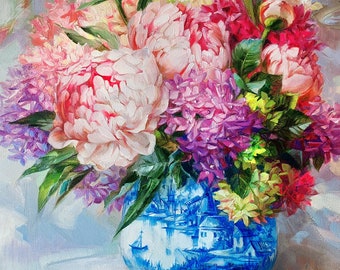 Extra Large floral oil paintings on canvas original, Hydrangea painting Peony flowers in blue delft vase, Square canvas wall art