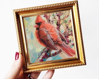 Cardinal bird miniature oil painting original red wall art, Love gift red bird artwork, home decor small painting 4x4