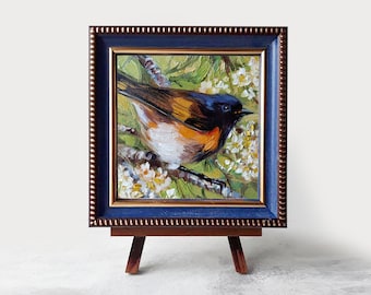 American redstart Bird mini oil painting original 4x4, Small frame art bird wall art on blossom branch Host gift