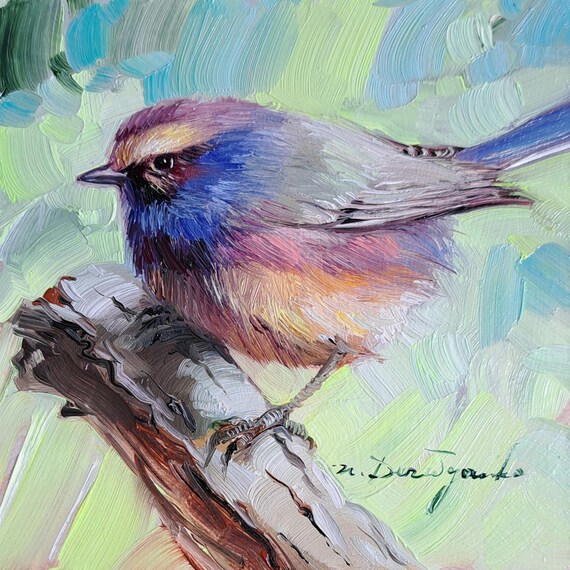 オリジナル油絵の鳥のアート、青い額縁、4 x 4インチの動物