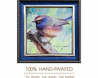Pintura al óleo original de aves, marco azul, 4 x 4 pulgadas, colección de animales.