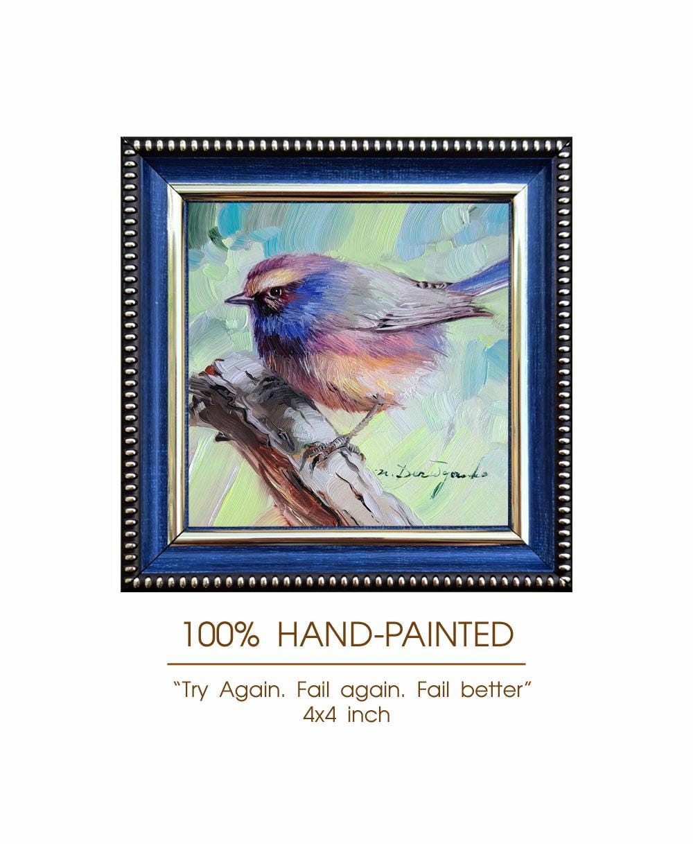 オリジナル油絵の鳥のアート、青い額縁、4 x 4インチの動物