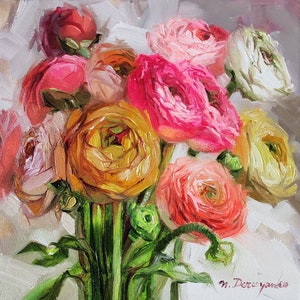 Dipinto originale di ranuncolo 8x8, dipinto a olio su tela di fiori colorati, regalo di compleanno per bambina