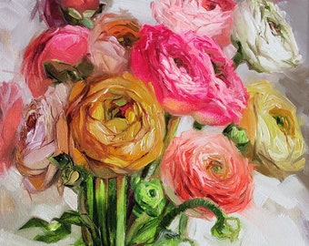 Ranunculus painting original 8x8, Colorful flowers oil painting on canvas, Birthday gift girl