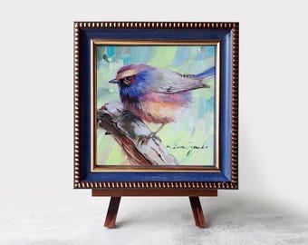 オリジナル油絵の鳥のアート、青い額縁、4 x 4インチの動物