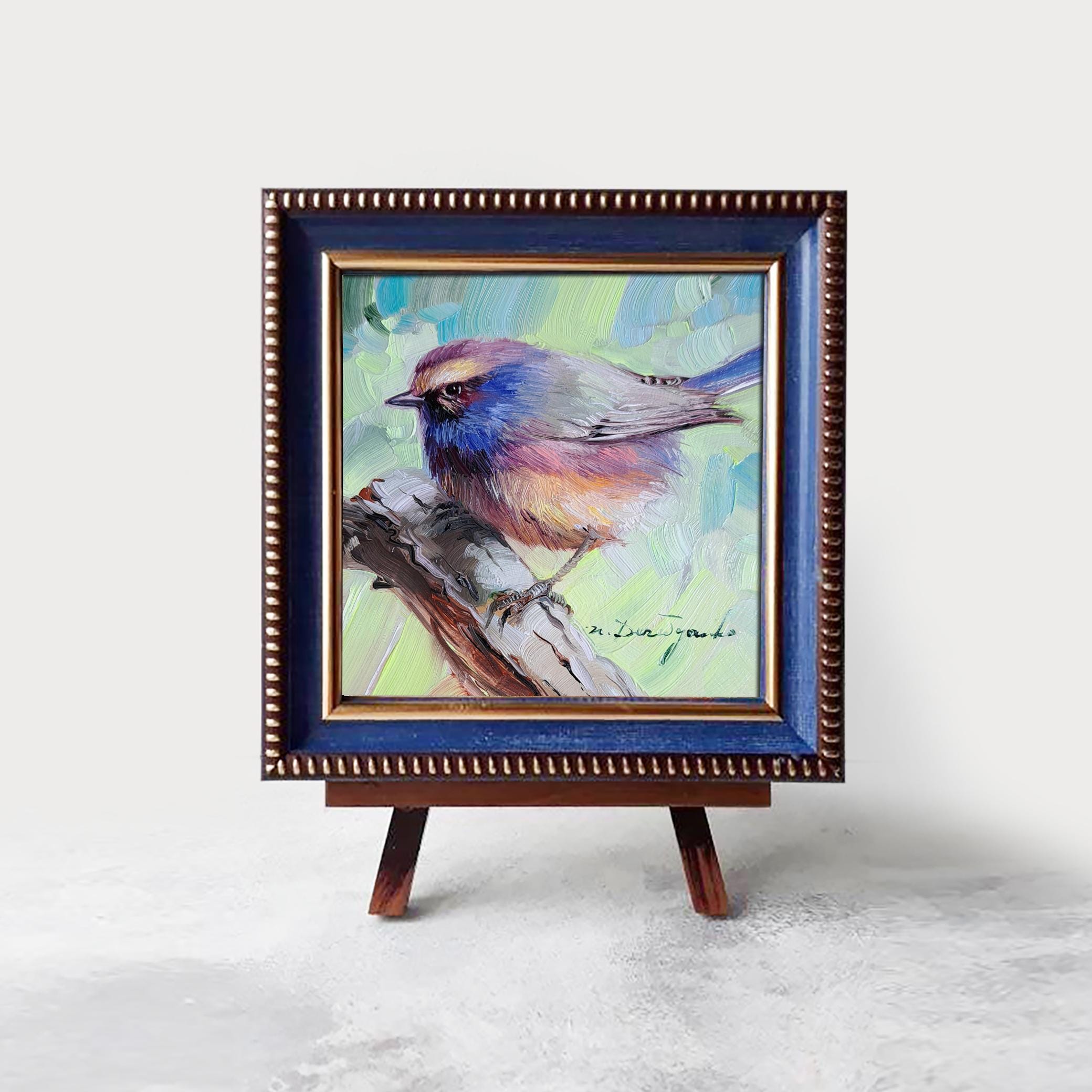 オリジナル油絵の鳥のアート、青い額縁、4 x 4インチの動物