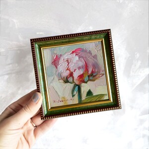 Peony original oil painting framed, Small painting pink flowers, Unique peony wall art, Floral art for women Gift for best friend green frame