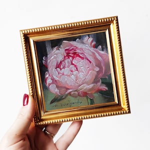 Peony original oil painting framed, Small painting pink flowers, Unique peony wall art, Floral art Valentines day gift for women