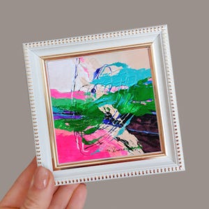 Arte astratta originale in cornice, piccola arte astratta pittura 4x4 pink piccola Wandkunst regalo per la fidanzata
