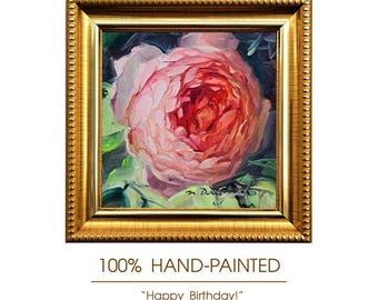 Pintura al óleo original de 4 x 4 pulgadas, obra de arte floral de rosas, regalo de feliz cumpleaños